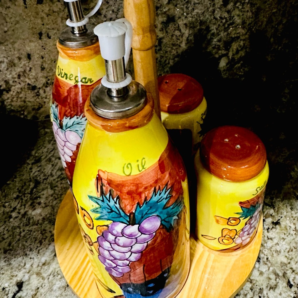 Handmade set of oil, vinegar, salt, pepper, shakers